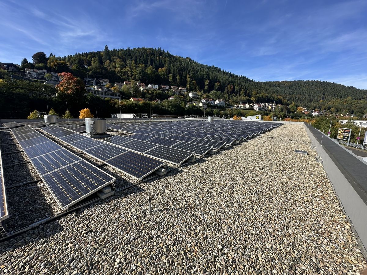 Solarmodule auf dem Flachdach des Marktes in Bad Wildbad, im Hintergrund bewaldete Hänge